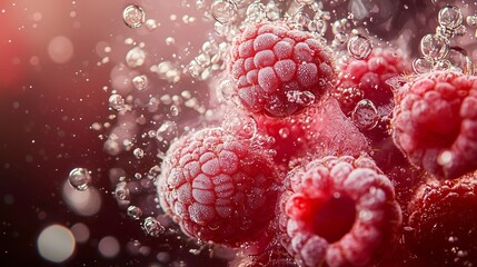 Macro Shot of Raspberries Submerged in Bubbly Water with Sprinkles