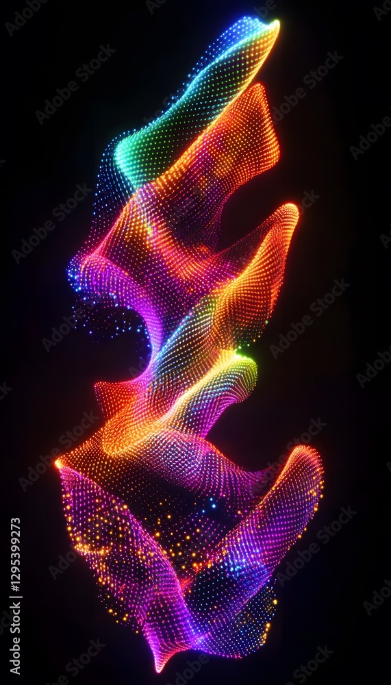 Poster abstract shape composed of vibrant multicolored illuminated dots on black