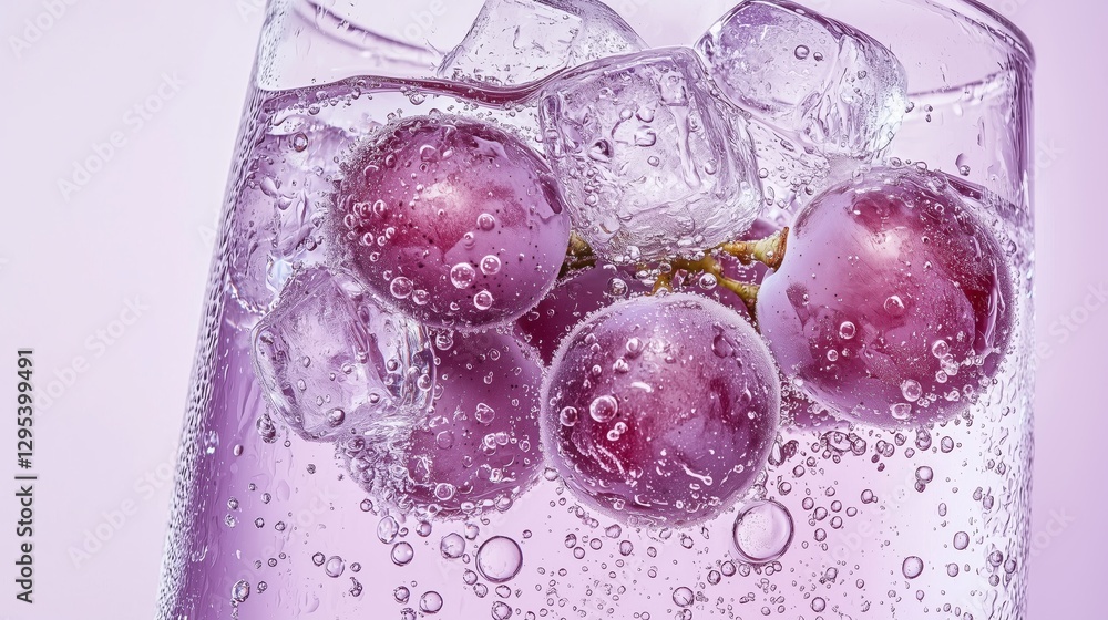 Poster macro view of frozen grapes in sparkling glass with ice cubes