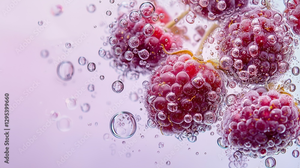 Poster macro view of mulberries submerged in sparkling water bubbles