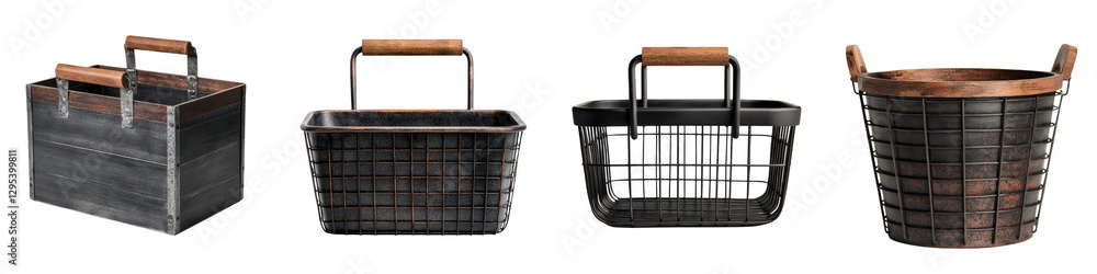 Aufkleber rustic wooden and wire baskets crates and containers in various shapes and sizes for storage organiz