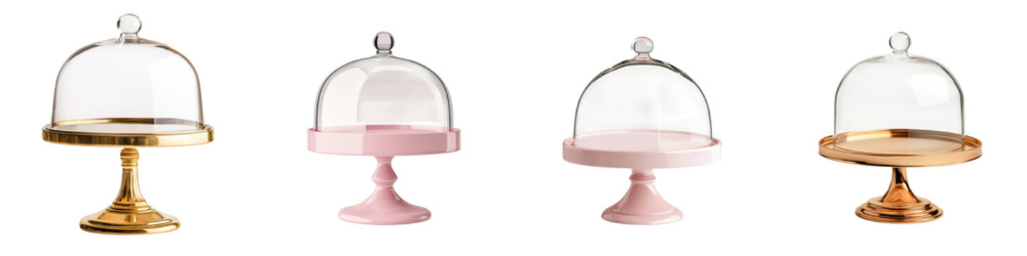 An assortment of delicate and beautifully presented desserts including cakes cupcakes and other confections displayed on glass pedestals with domed covers