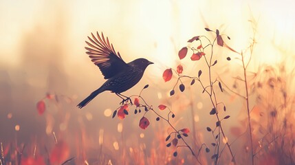 Bird in Flight at Sunset Over Autumnal Field