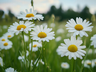Fototapeta premium Pure Elegance: White Camomiles in a Lush Green Field, field of daisies