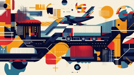 Abstract graphic art featuring transportation elements like trucks and an airplane in a bold, geometric style