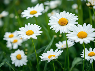 Obraz premium Blooming Beauty: White Chamomile Flowers in a Green Field, daisies in the grass
