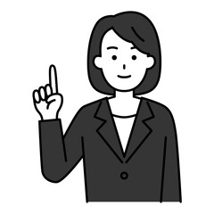 人差し指を立てて説明する黒いスーツの女性