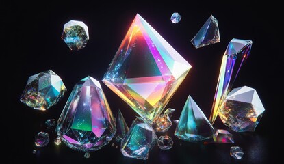 Colorful iridescent crystals, abstract, dark background, display