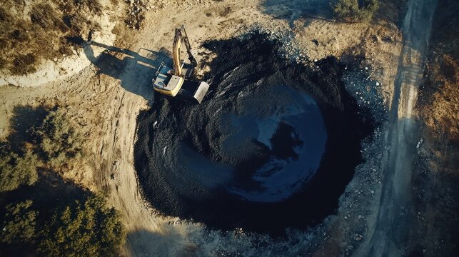 Aerial view depicts excavator beside a pit filled with tar