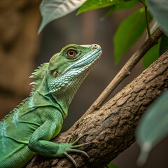 Fototapeta premium Green iguana close-up on a branch
