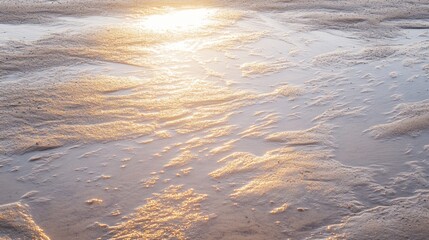 Shallow water reflects sunlight on a textured sandy surface