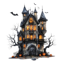 A mystical Halloween night scene featuring an old castle with towering spires, a glowing orange on transparent png background. Ai generated