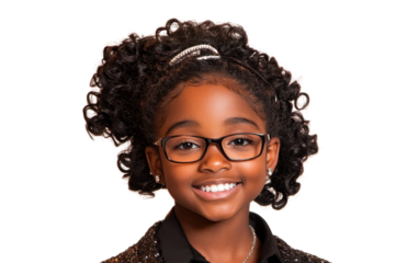Portrait of a Smiling Young Girl with Curly Hair and Glasses on Transparent Background
