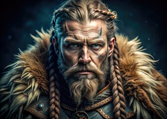A fierce Viking warrior's headshot, embodying Norse mythology's brutal strength and Nordic heritage.