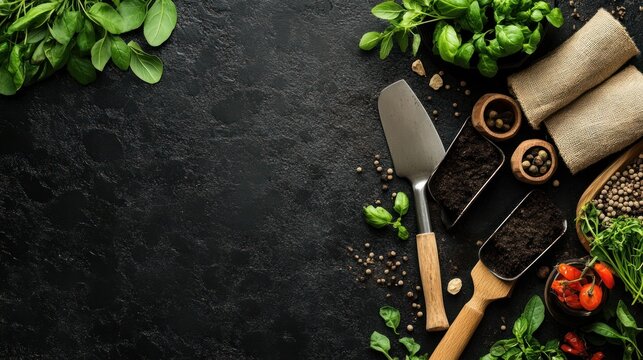 Gardening tools and fresh herbs on dark background.  A top view of gardening equipment, herbs, and soil, perfect for blog or website.