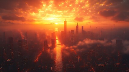 Fiery city sunrise, aerial view, fog, river, cityscape