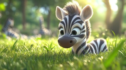 Cute baby zebra resting in sunny savanna grassland