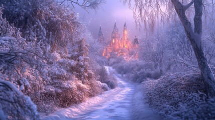 Snowy path leads to a glowing castle in winter