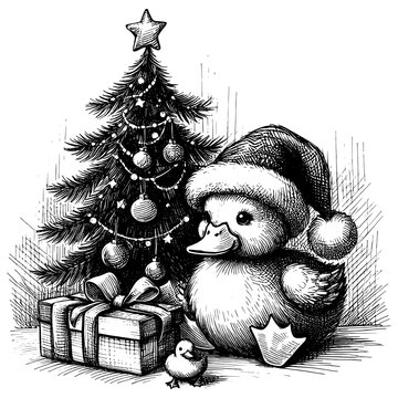 recommend clip art: Duck Christmas line art drawing ink sketch vector hand drawn illustration background