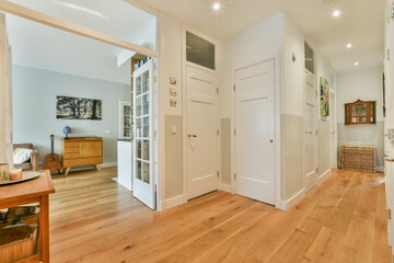 A well-lit and inviting modern interior hallway featuring wooden floors, white doors, and tasteful decor, creating a warm and welcoming atmosphere.