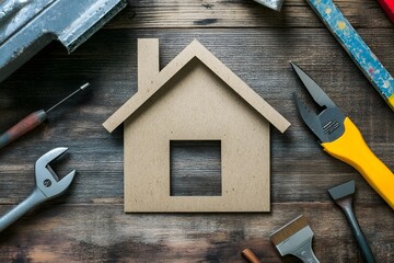 Wooden house model surrounded by tools on a workbench