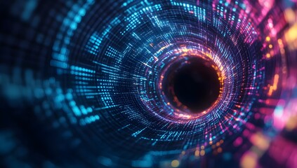 Digital tunnel vortex with glowing code