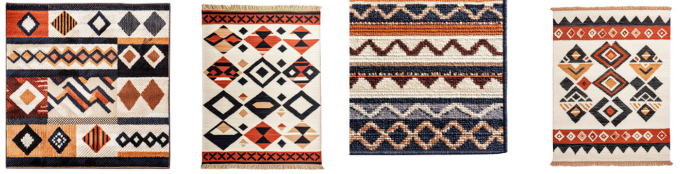 Vibrant Woven Tribal Rugs with Geometric Patterns and Ethnic Designs  Colorful Background of Traditional Handmade Kilim Carpets with Boho Navajo and Aztec Inspired Motifs