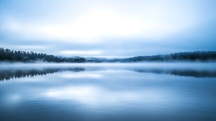 Fototapeta premium Mist Covering Calm Lake Surface With Reflected Tree Line Details
