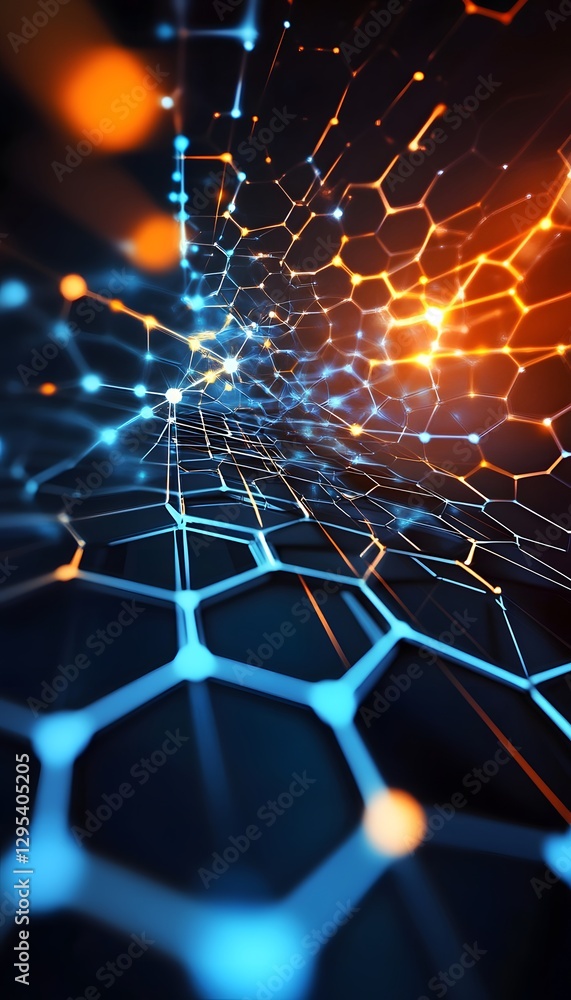Poster abstract digital rendering of hexagonal network with vibrant light