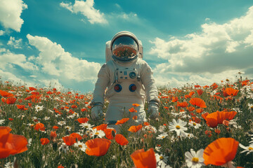 A bold space explorer clad in a white spacesuit stands proudly in a lush green field filled with colorful daisies and poppies, marveling at the beauty of this newly discovered world