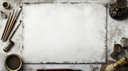 Blank canvas surrounded by art supplies on textured surface