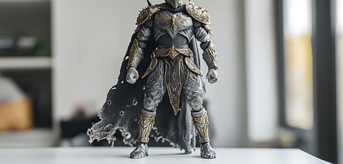 Detailed action figure with intricate armor and accessories standing firmly on a white surface