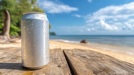 Obraz premium Refreshing drink on a beachside wooden table