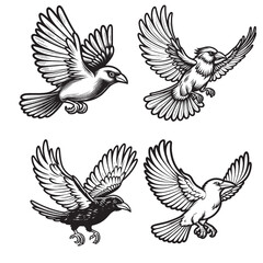 High-Quality Cute Cartoonic Chough Flying Pose Outline Vector Illustrations