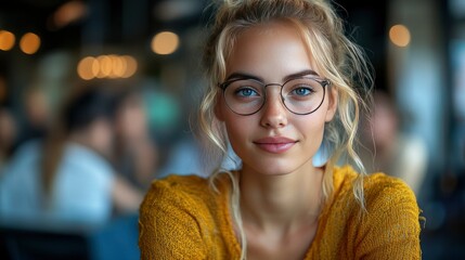 Confident Young Woman with Glasses in a Cafe