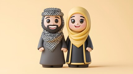 Two smiling cartoon figures are standing together on a surface