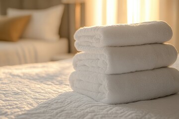 Neat stack of fluffy white towels on bed. Perfect for hotel, spa, or clean living imagery.