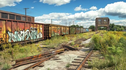 Fototapeta premium Abandoned train cars sit on overgrown rusted tracks outdoors