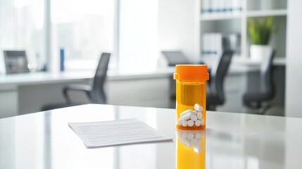 Obesity drug pill bottle placed on a clean office desk. Featuring prescription medication for obesity treatment
