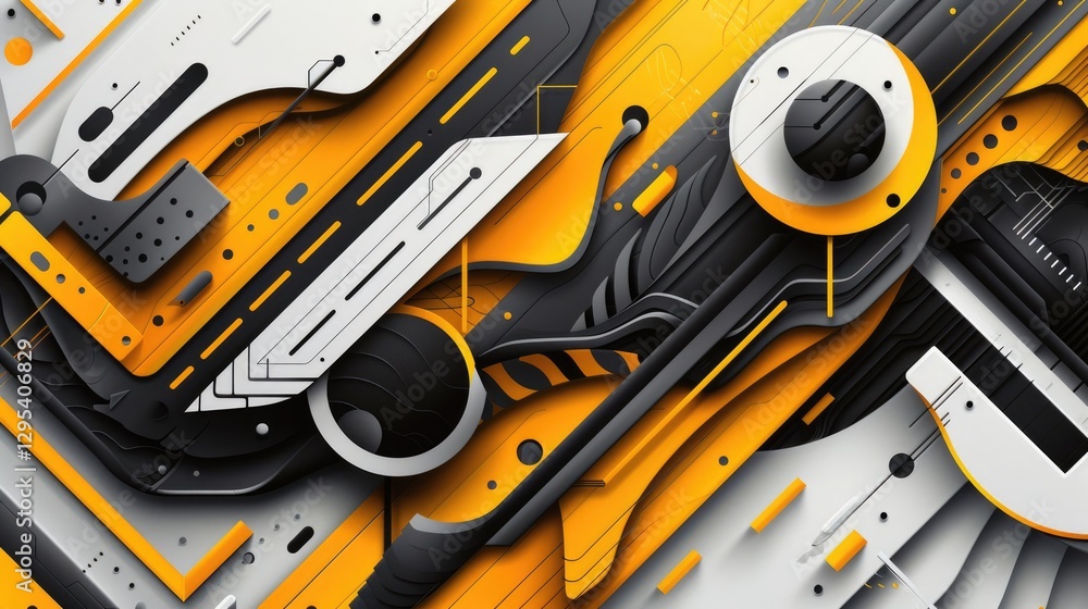 Poster geometric abstract composition with yellow, black, and white shapes. background image of 3d renderin