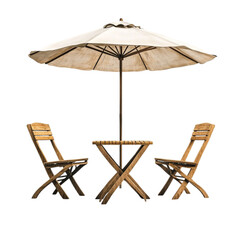 Fototapeta premium Wooden Patio Set Under Umbrella Colorful Background,