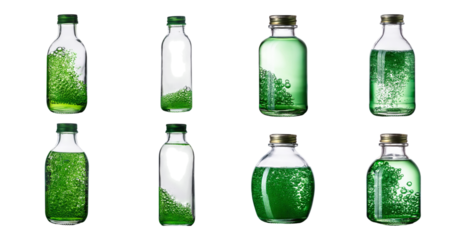 Green Liquid in Glass Bottles with Bubbles and Air Space Effects, isolated on transparent background