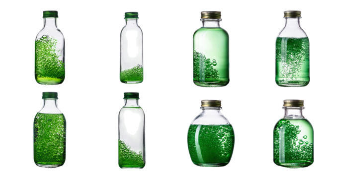 Green Liquid in Glass Bottles with Bubbles and Air Space Effects, isolated on transparent background