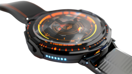 Futuristic smartwatch showing hologram on transparent background