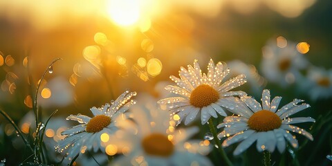 Pearly dewdrops dotting a field of daisies, welcoming the sunrise