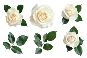 set of beautiful white roses with lush green leaves isolated on white or transparent background