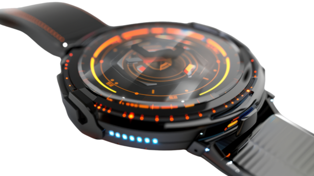 Futuristic smartwatch showing hologram on transparent background