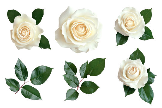 set of beautiful white roses with lush green leaves isolated on white or transparent background