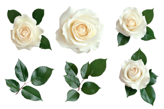set of beautiful white roses with lush green leaves isolated on white or transparent background