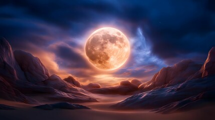 A stunning landscape features a glowing moon illuminating rugged mountains under a dramatic, colorful sky.